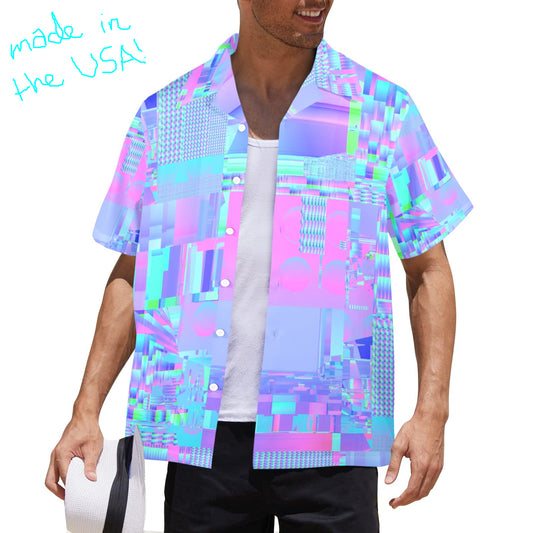 Person wearing a colorful geometric patterned shirt with 'made in the USA!' text.