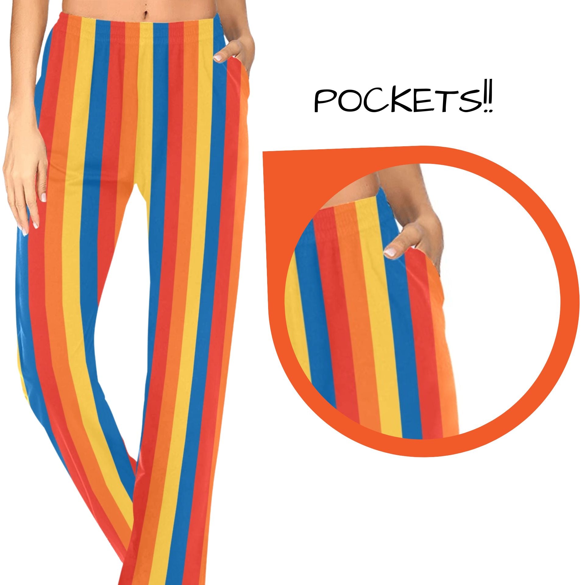 cute womens clown pants in red orange blue stripe with pockets