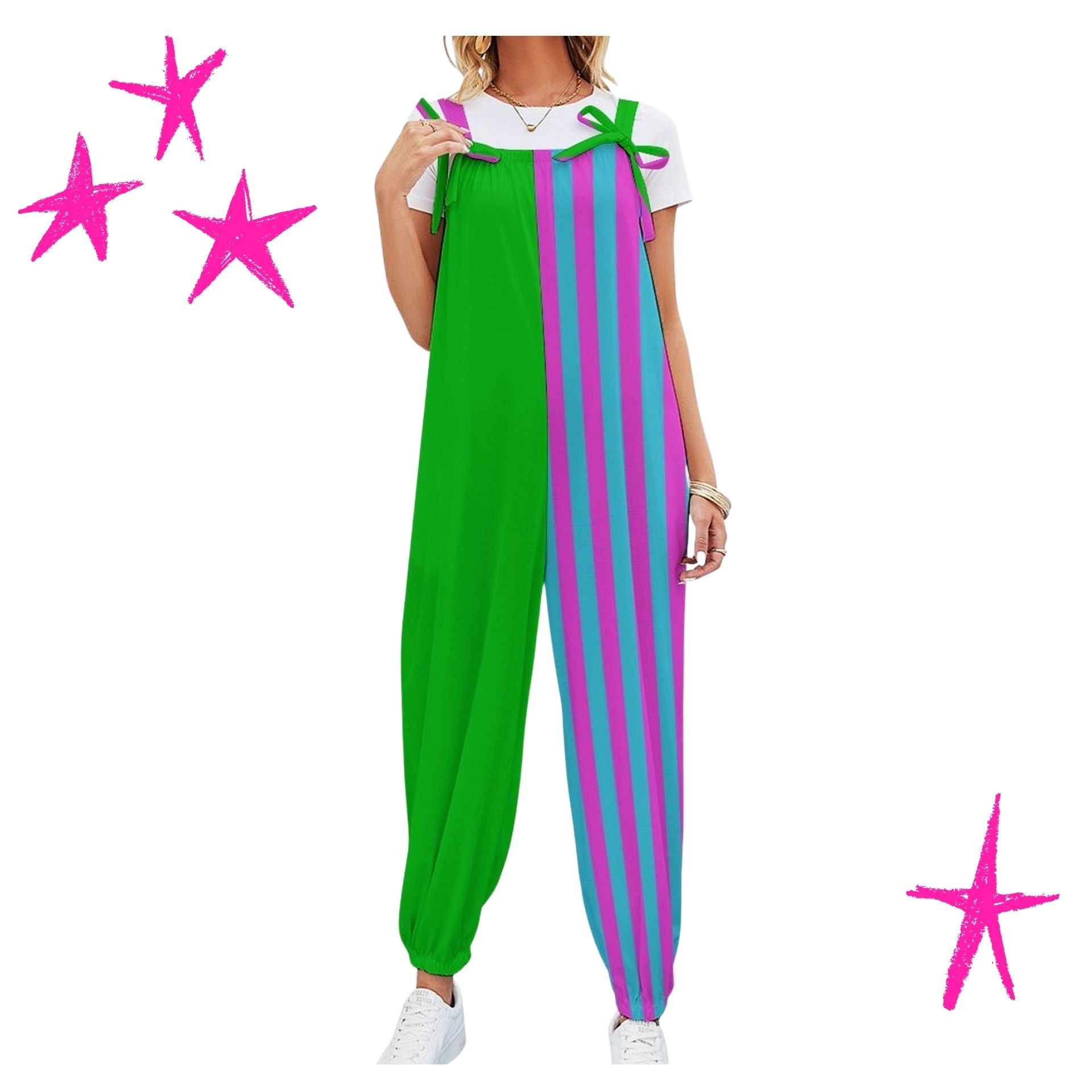 Green and blue pink striped sleeveless clown suit jumpsuit