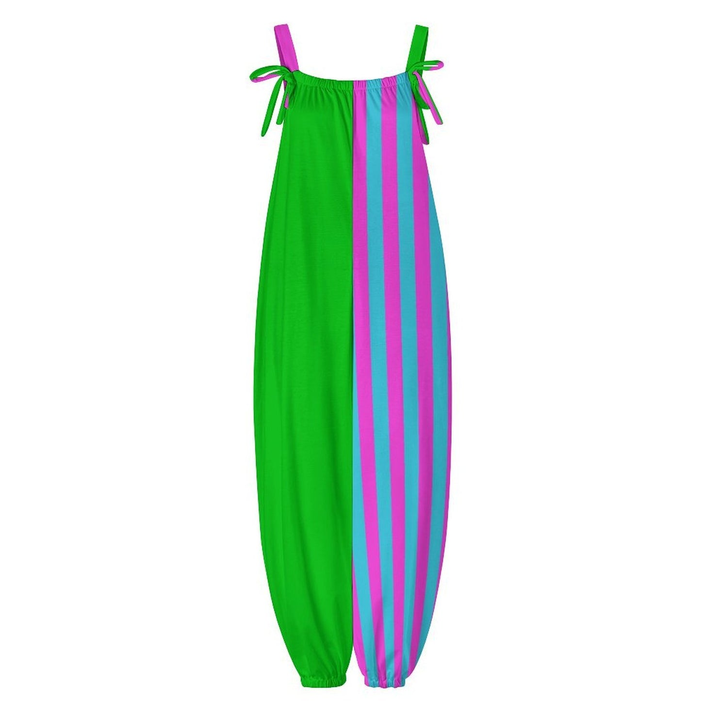 Green and pink striped clown jumpsuit with thin straps on a white background
