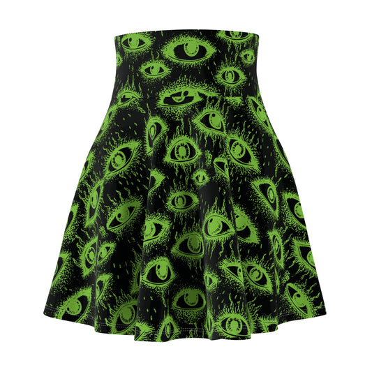 Weirdy Eye Alien Green Scene Skirt in gothic black and green with strange eyeball print
