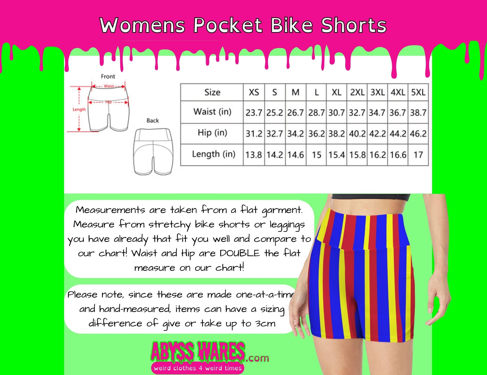 Colorful striped bike shorts with size chart and measurement information on a green and pink background.