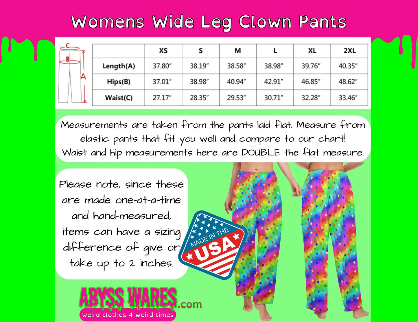 Colorful wide-leg clown pants with size chart and 'Made in the USA' label on a green and pink background.