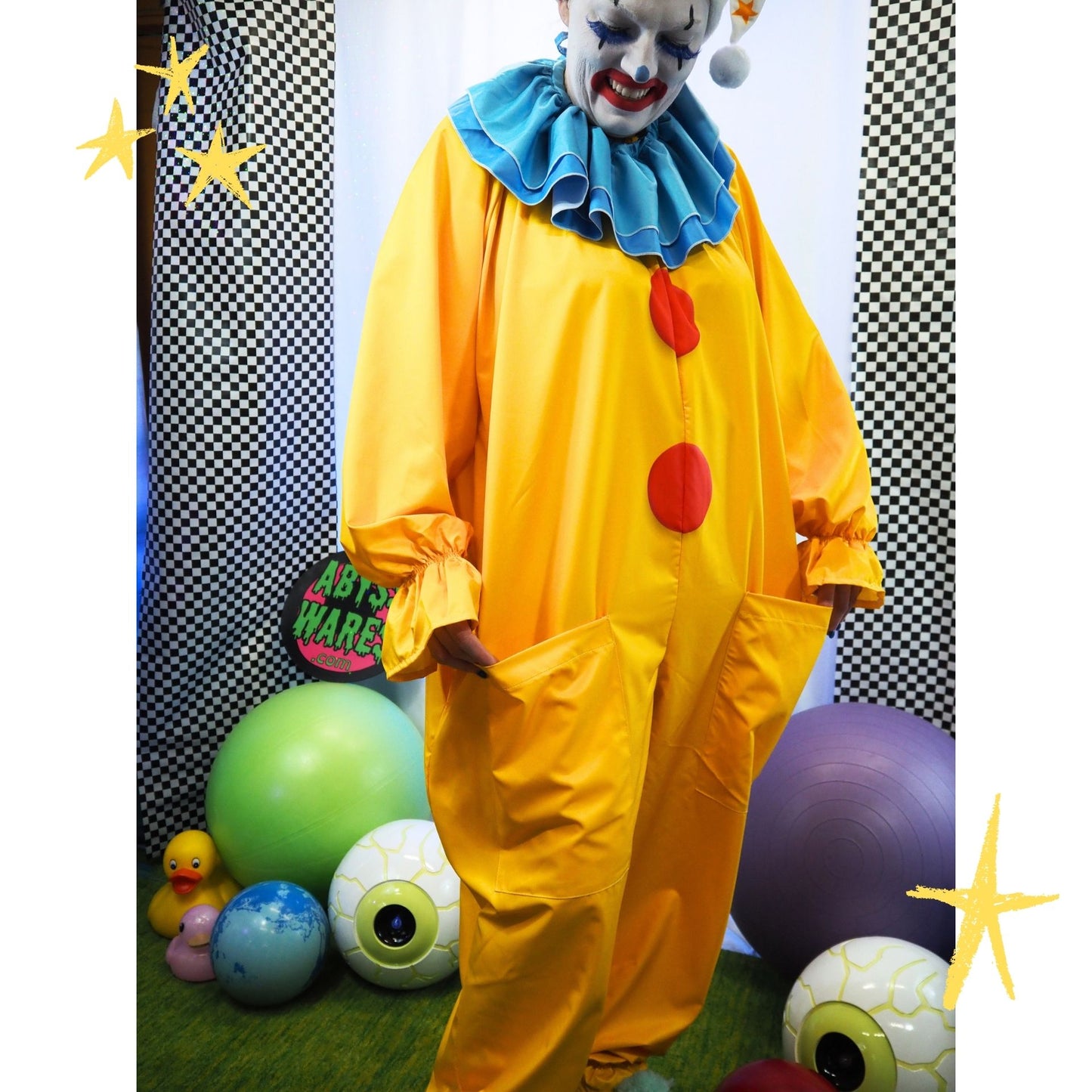 Circus Coveralls Yesteryear Yellow Clown Suit w Blue Ruffle Collar