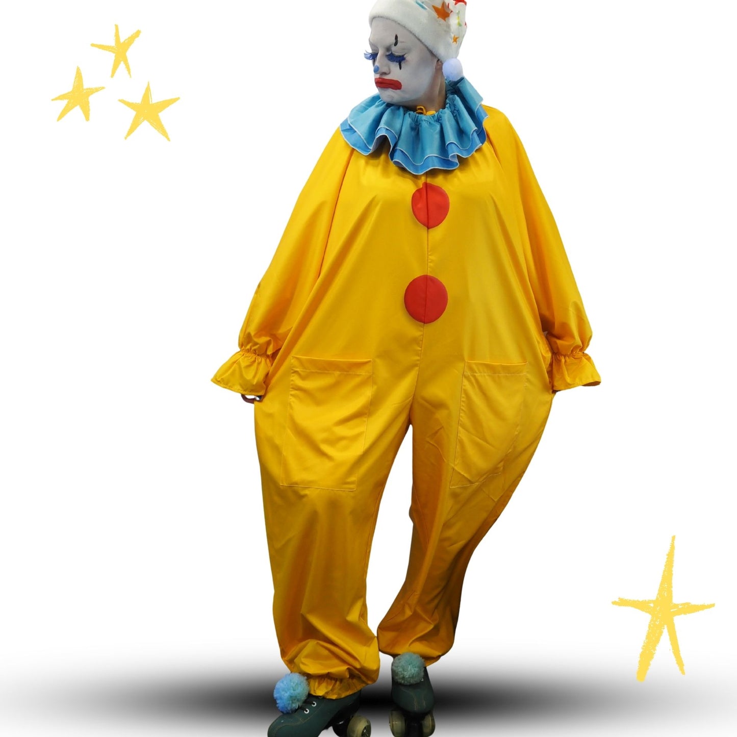 Circus Coveralls Yesteryear Yellow Clown Suit w Blue Ruffle Collar
