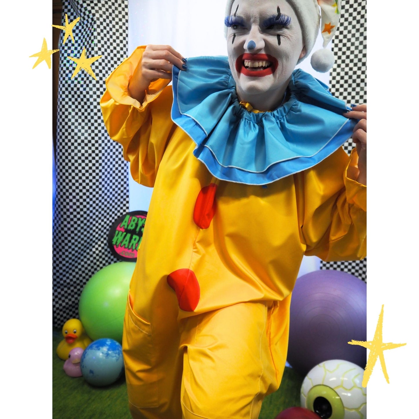 Circus Coveralls Yesteryear Yellow Clown Suit w Blue Ruffle Collar