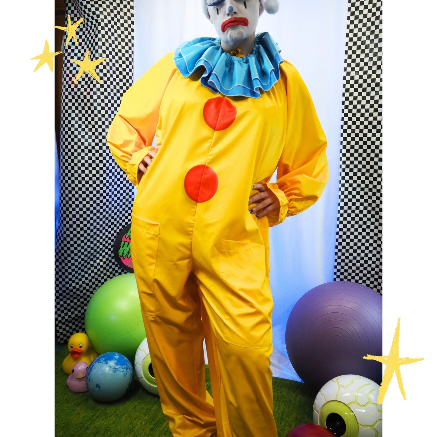 Circus Coveralls Yesteryear Yellow Clown Suit w Blue Ruffle Collar