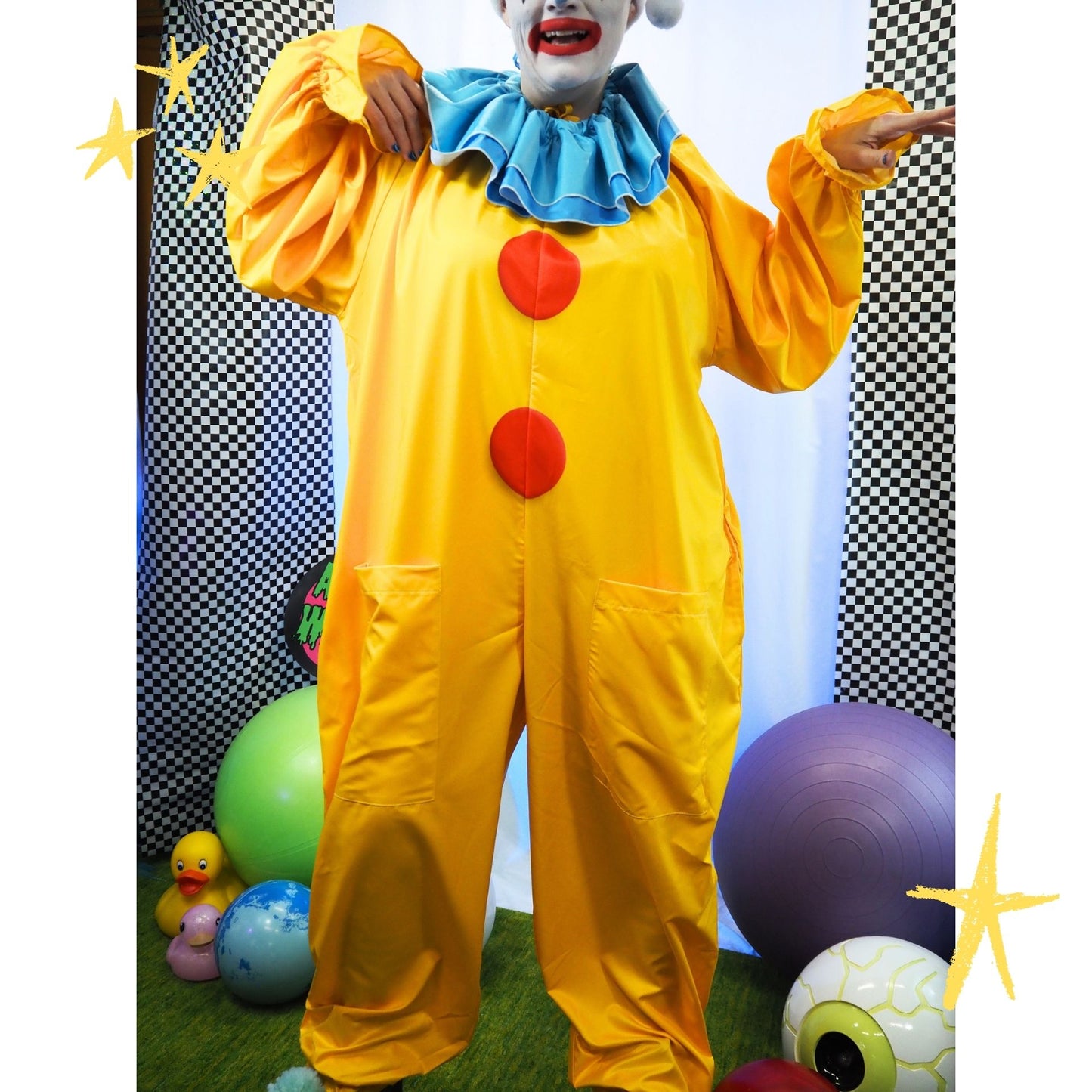 Circus Coveralls Yesteryear Yellow Clown Suit w Blue Ruffle Collar