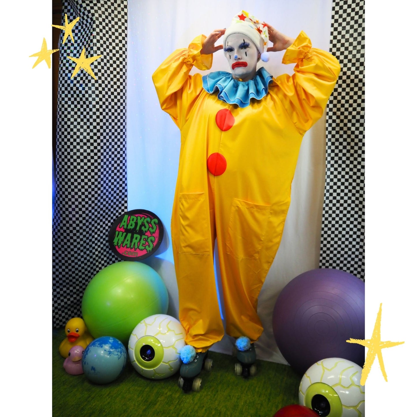 Circus Coveralls Yesteryear Yellow Clown Suit w Blue Ruffle Collar
