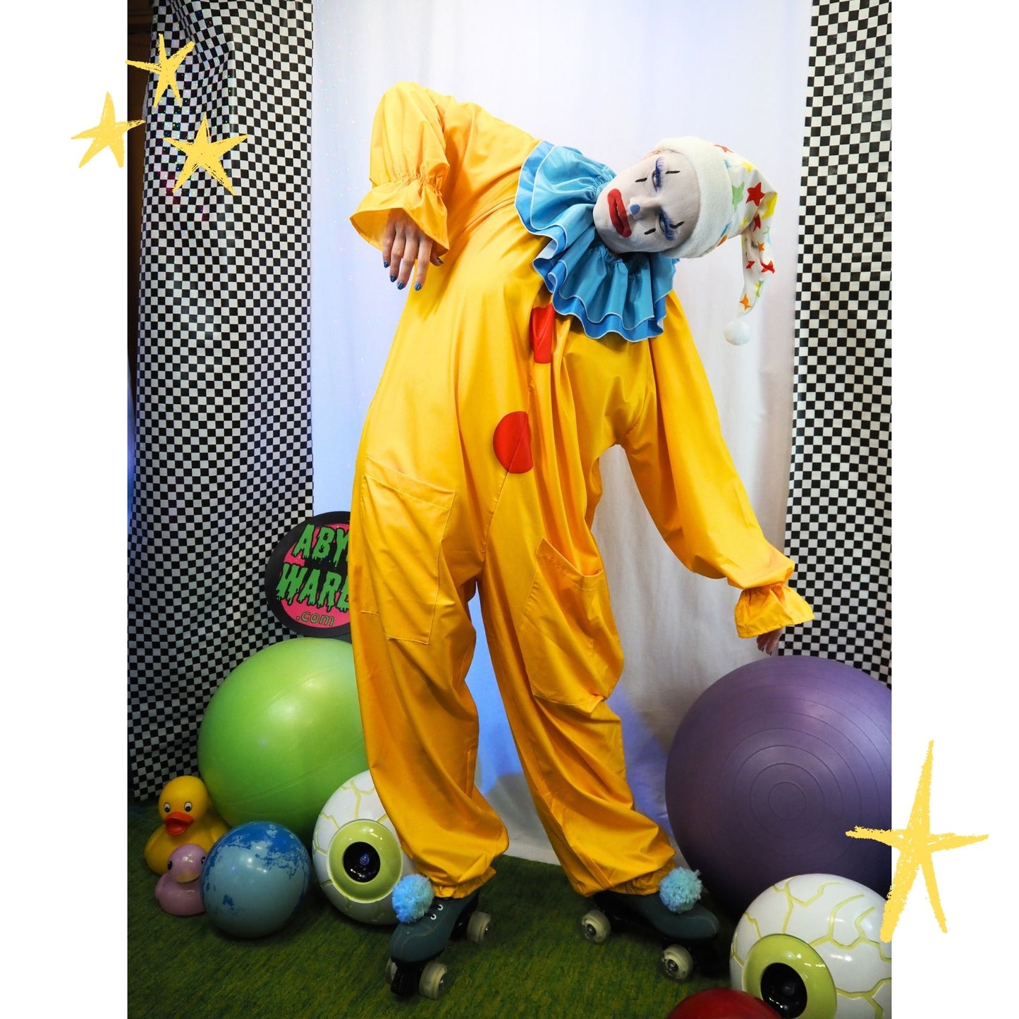 Circus Coveralls Yesteryear Yellow Clown Suit w Blue Ruffle Collar