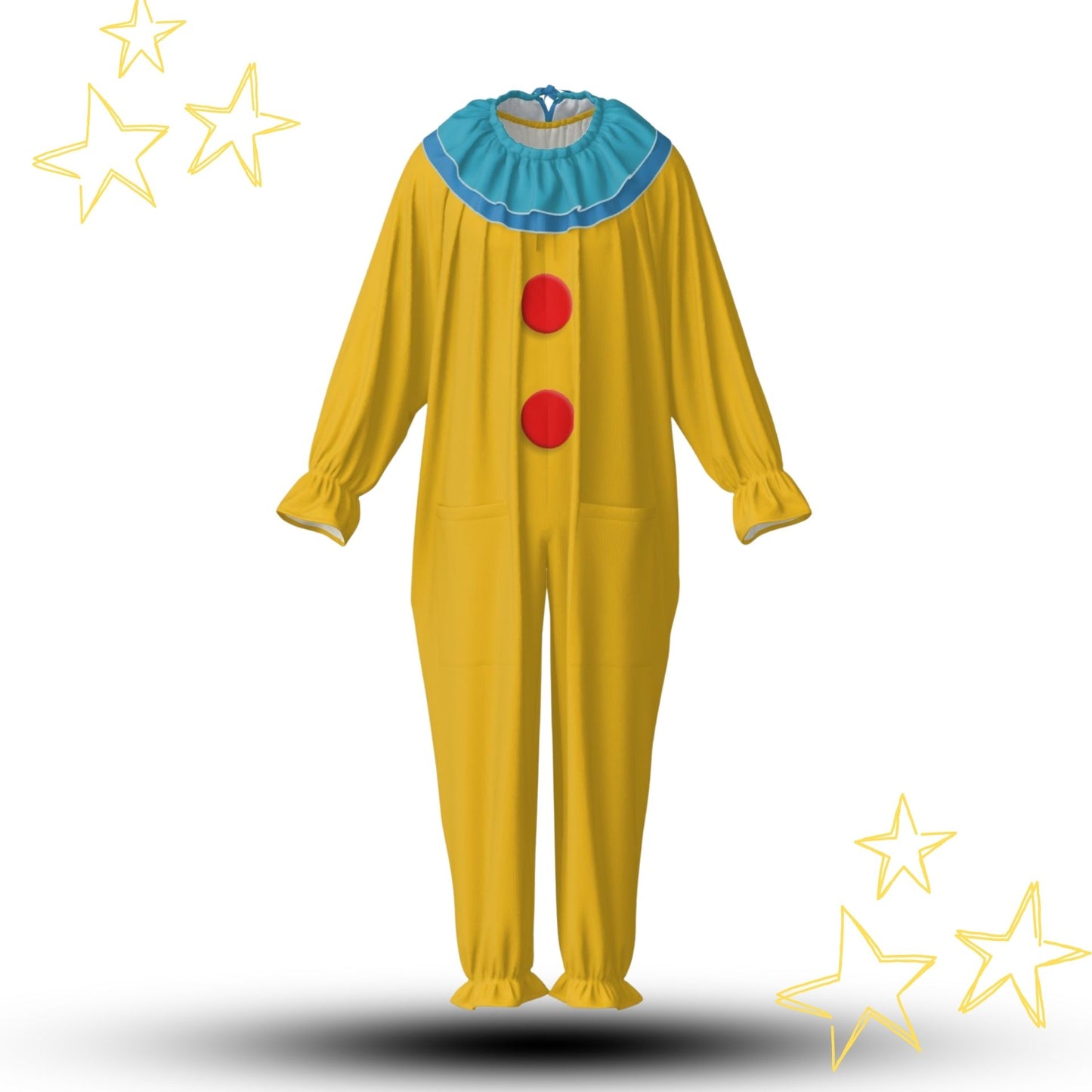 Yellow clown costume with red buttons  and a blue ruffled collar
