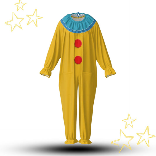 Yellow clown costume with red buttons  and a blue ruffled collar