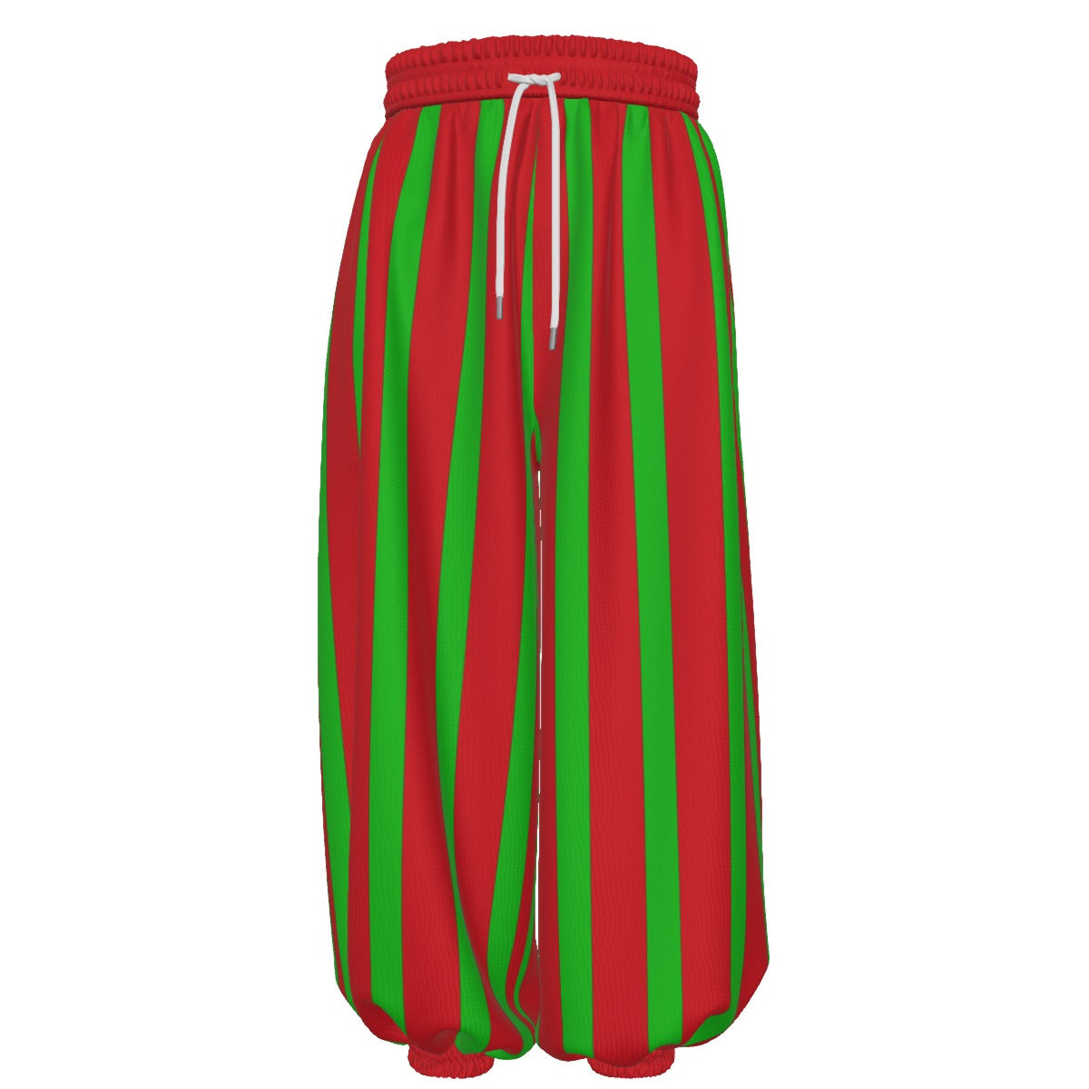 Red and green striped baggy clown pants with a drawstring on a white background