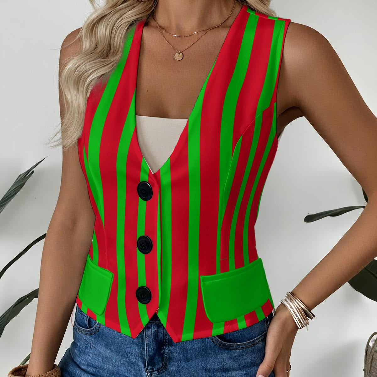 Yuletide Jester womens cotton formal vest red and green stripes