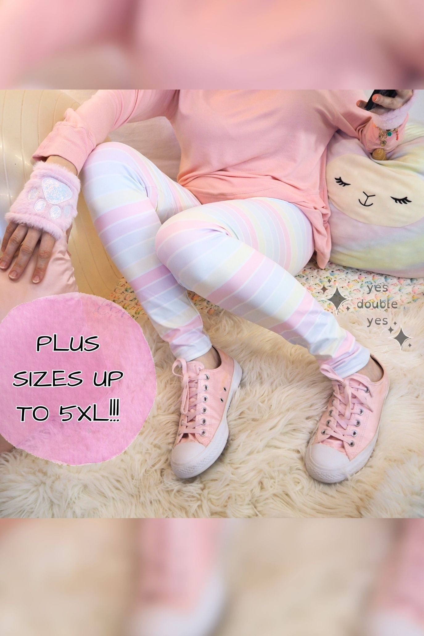 Woman wearing pink shoes and leggings with a plush toy in the background