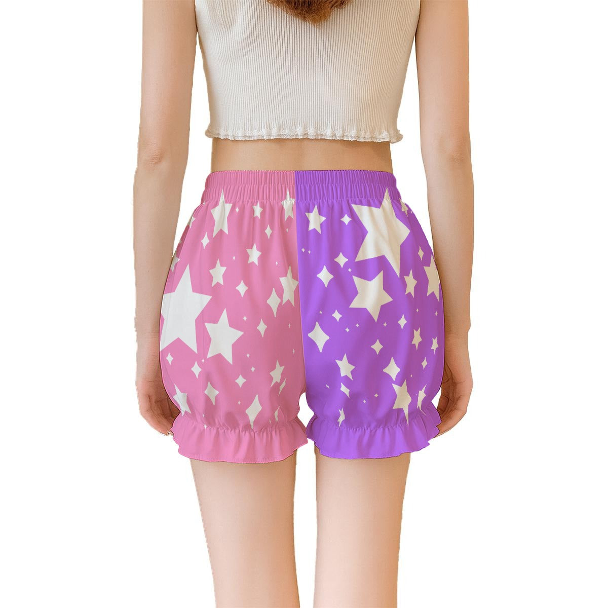 Shorts with pink and purple halves and star pattern on a white background