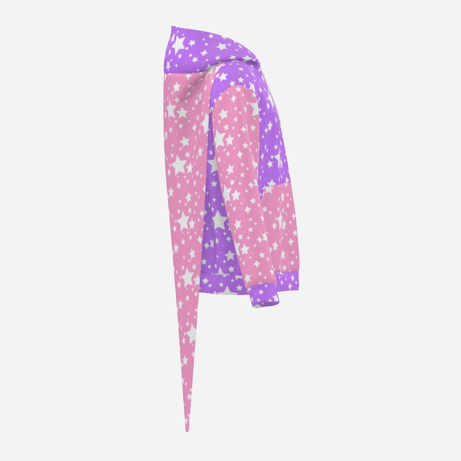 Purple and pink jester hoodie with star pattern on a white background