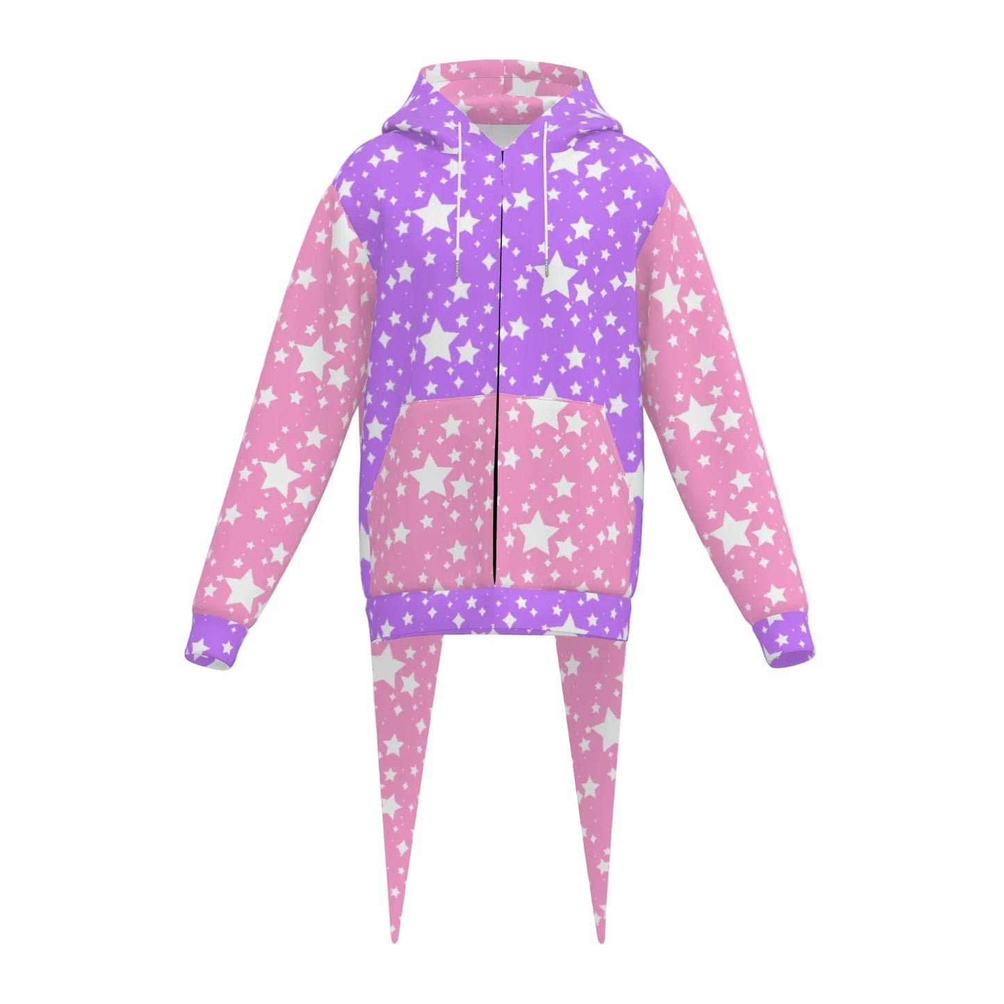 Pink and purple jester tails hoodie with star pattern on a white background
