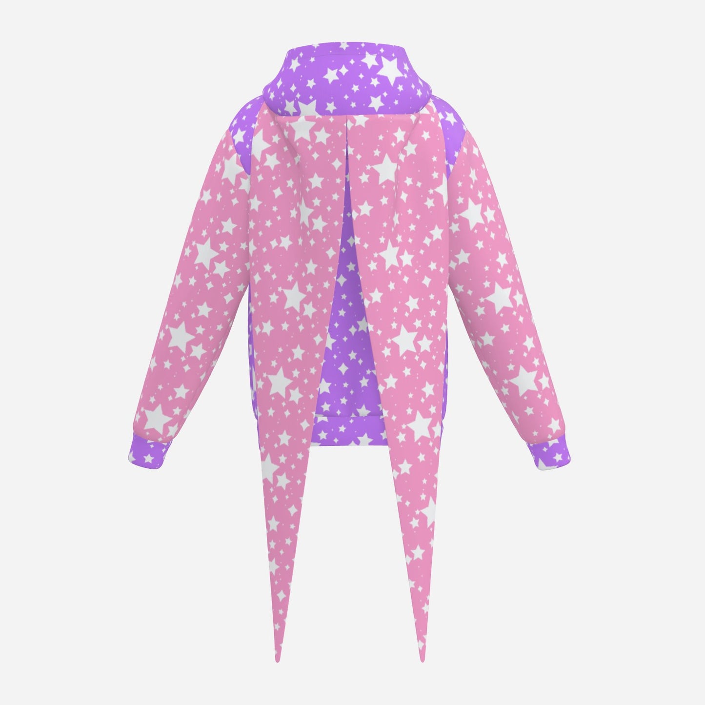 Pink and purple jester hoodie with star pattern on a light gray background
