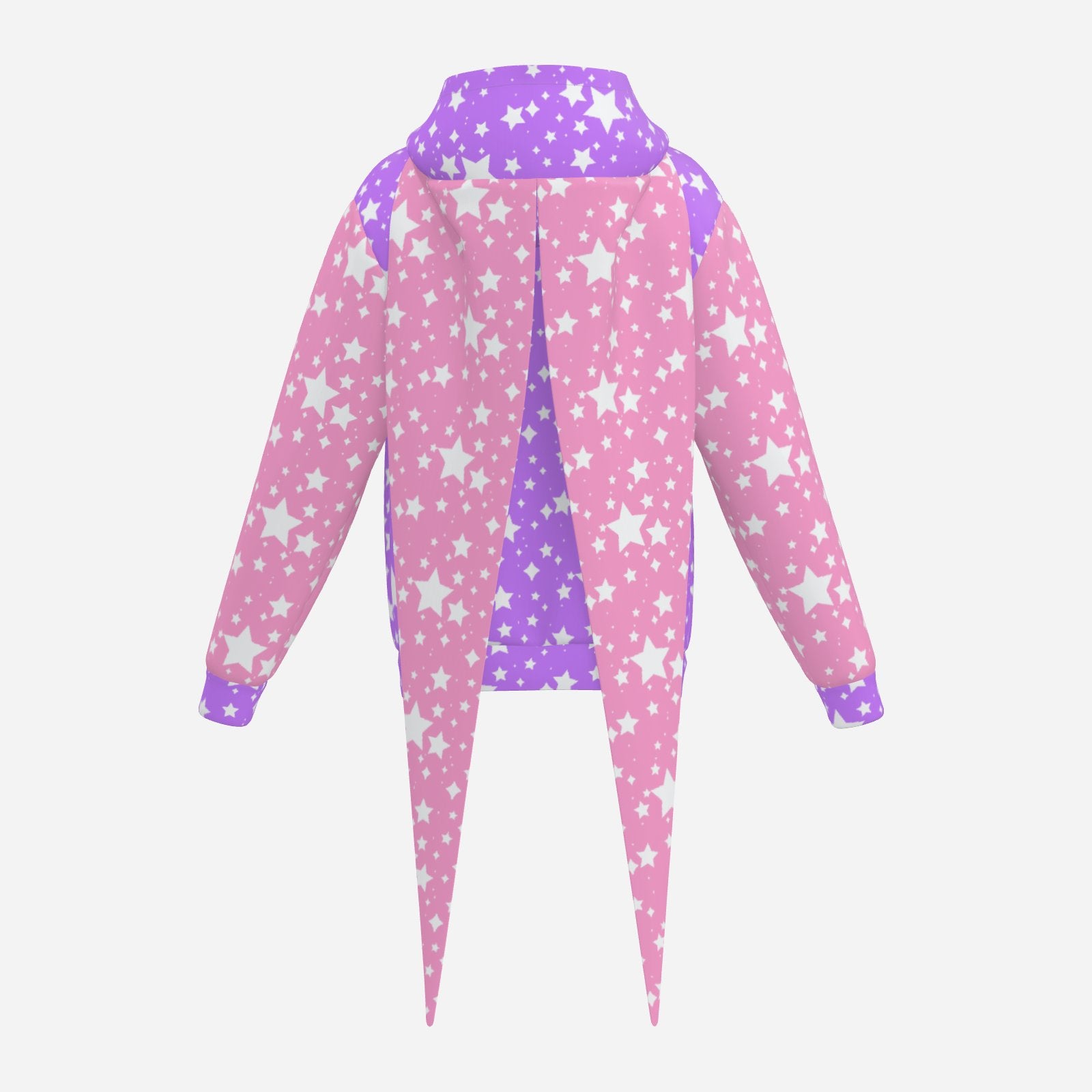 Pink and purple jester hoodie with star pattern on a light gray background