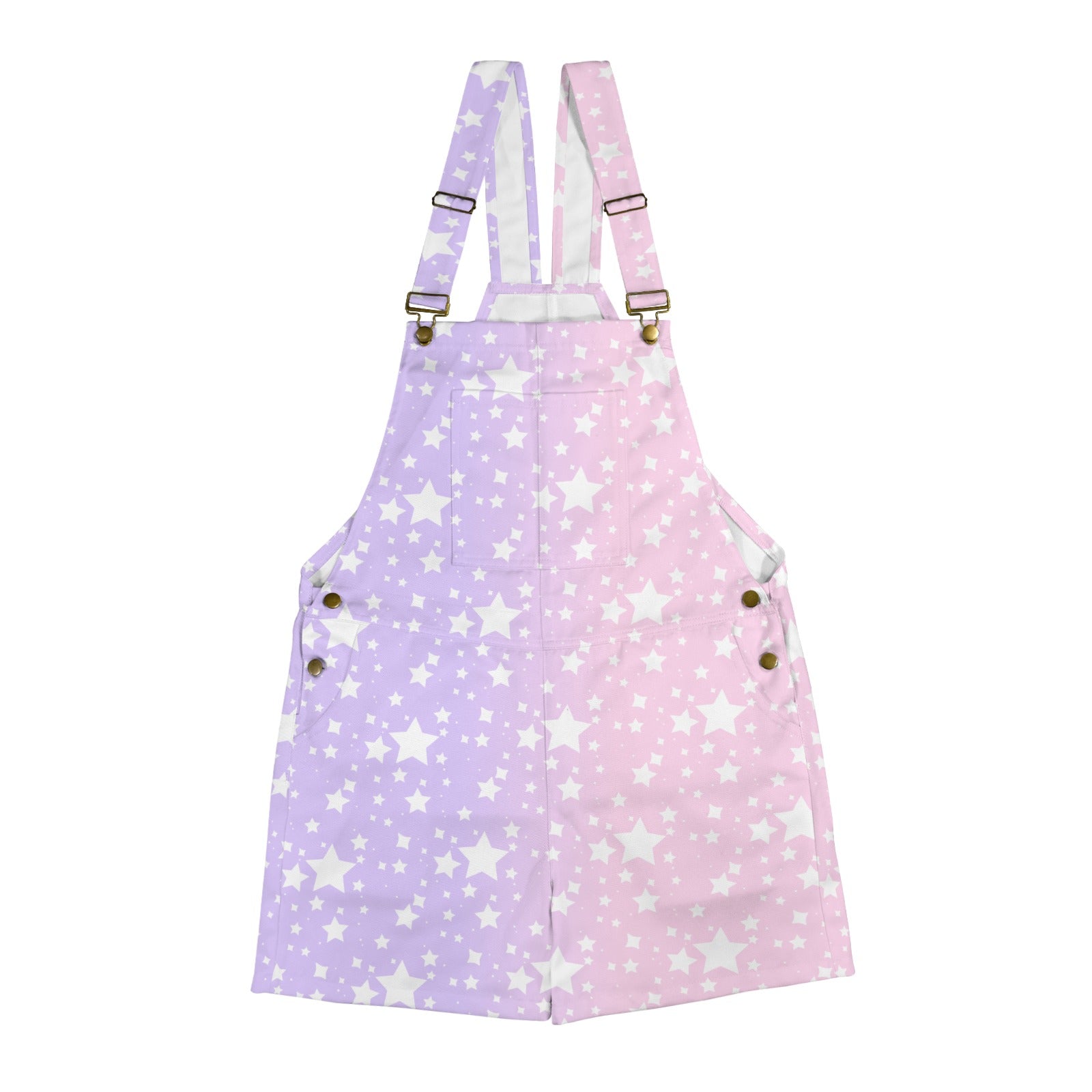 Yume Pastel Stardust Shortie Overalls left side pink fading to purple on the right side