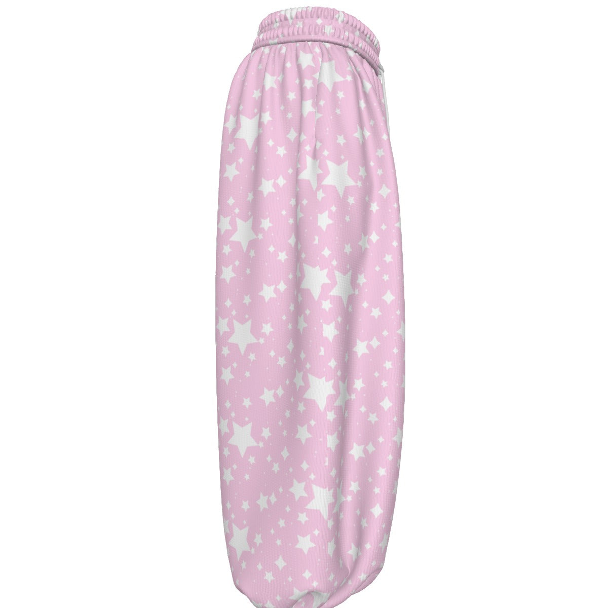 Pink pants with white star pattern on a white background