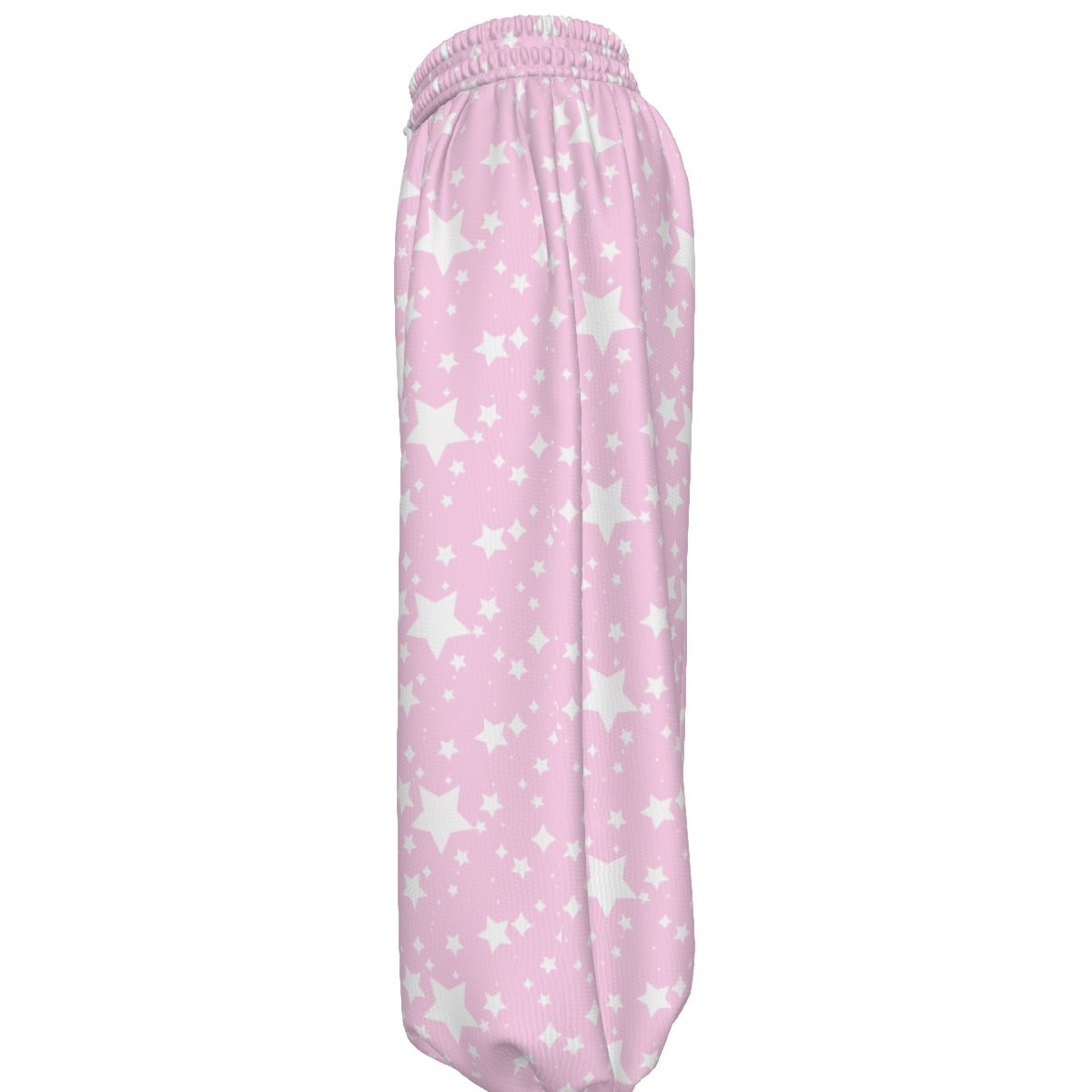 Pink pajama pants with white star pattern on a white background