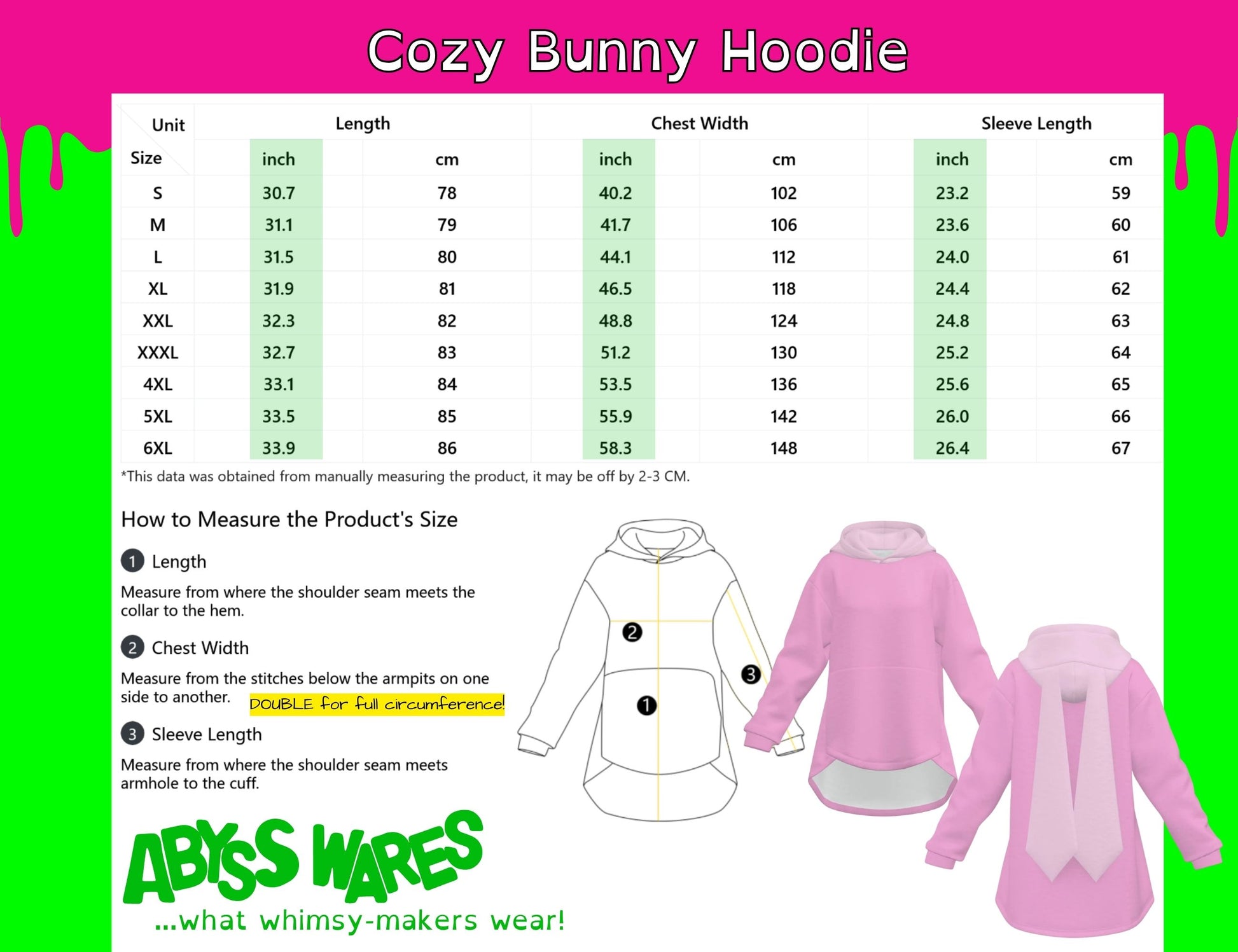 A size measurement chart and guide for the Cozy Bunny Hoodie by Abyss Wares, showing a size table from S to 6XL with measurements in inches and centimeters, alongside illustrated and photographed hoodies in white and pink on a bright green background.