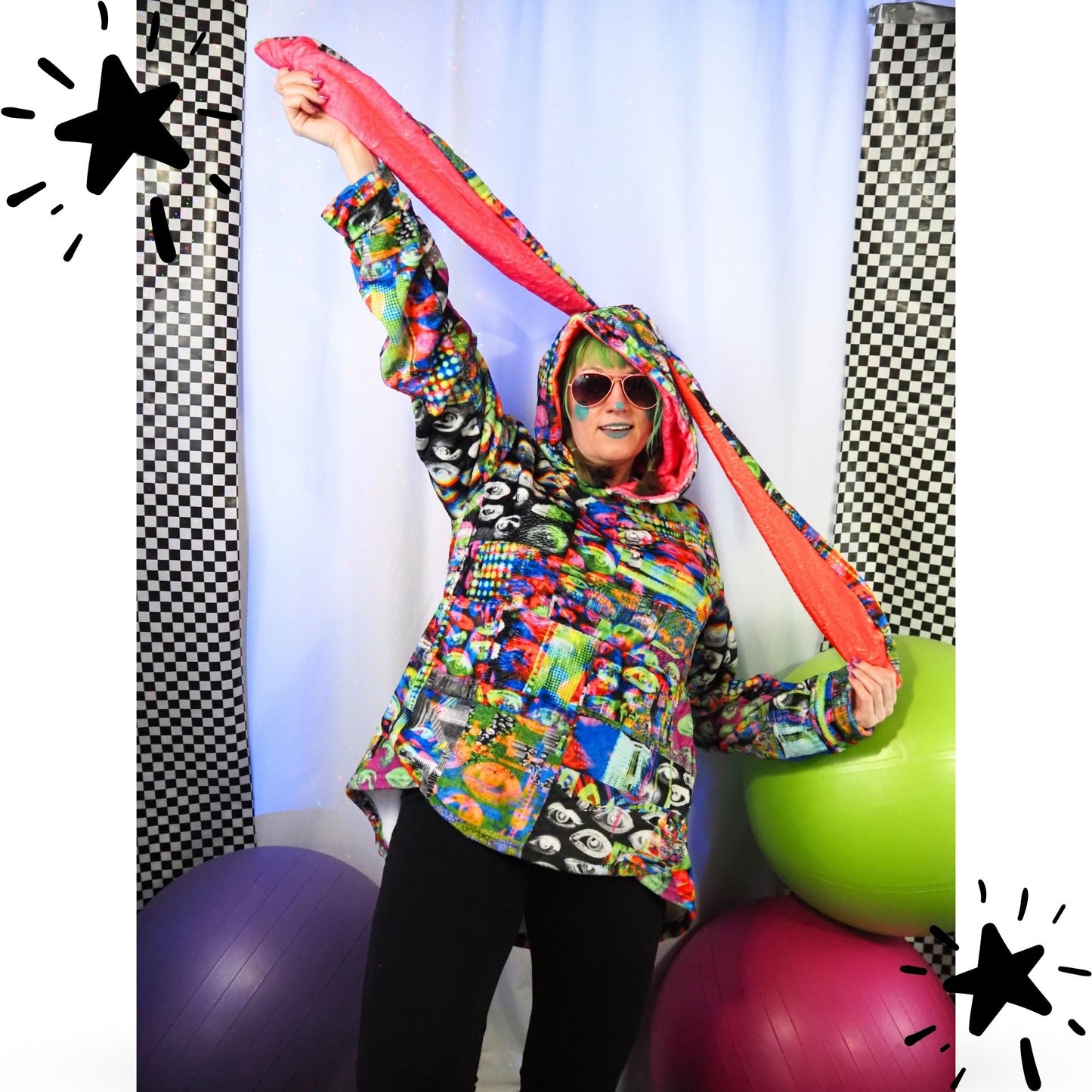 Cozy Bunny Hoodie Abstract Glitch Eye Rabbit Ear Plush Fleece Longline Sweatshirt