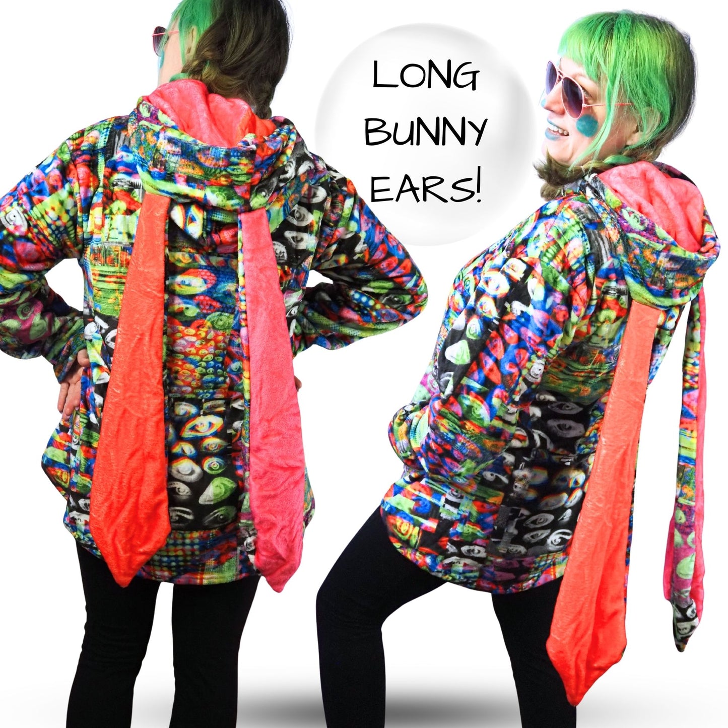 Cozy Bunny Hoodie Abstract Glitch Eye Rabbit Ear Plush Fleece Longline Sweatshirt