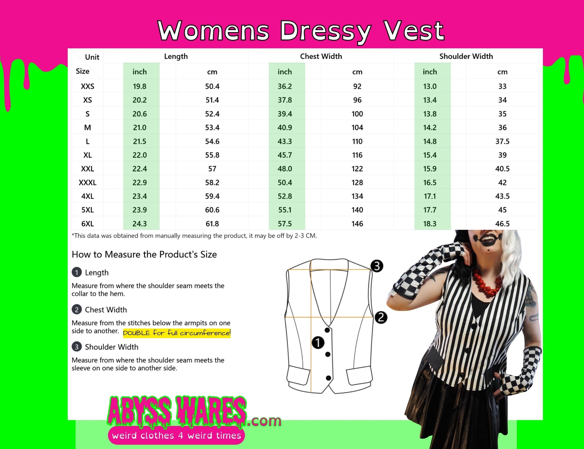 Measurement chart for women's dressy vests with a model wearing the vest on a green and pink background.