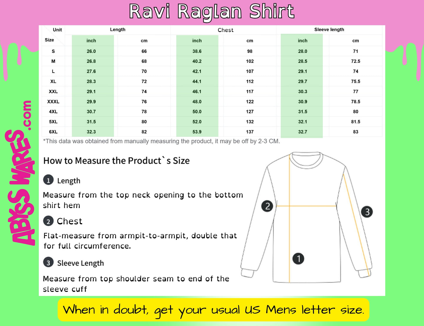 A size guide and measurement chart for a Ravi Raglan shirt, showing a size table from S to XXL with measurements in inches and centimeters, along with step-by-step instructions on how to measure the product's size. The image features a white long-sleeve shirt diagram with numbered callouts indicating where to measure, set against a bright green background with pink and yellow accents.