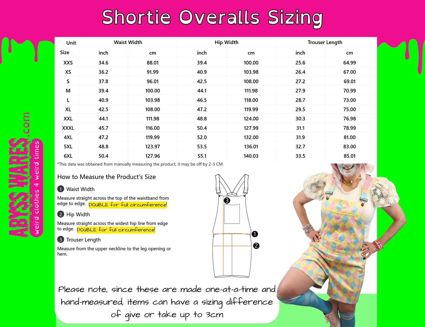 Sizing chart for shortie overalls with a person wearing the overalls on a green and pink background.