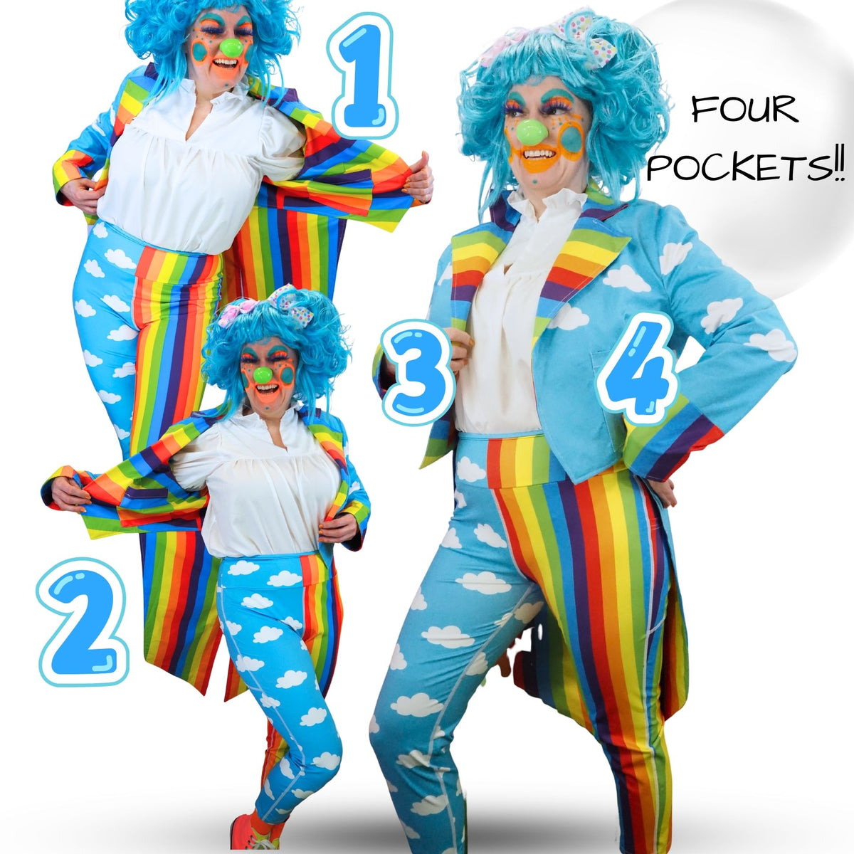 A clown costume set shown in three poses on a white background, with large blue number overlays 1, 2, 3, and 4 and text reading 'FOUR POCKETS!!'. The costume includes a bright blue wig, rainbow-striped jacket and pants, white cloud-print pants, a white shirt, and colorful clown makeup.