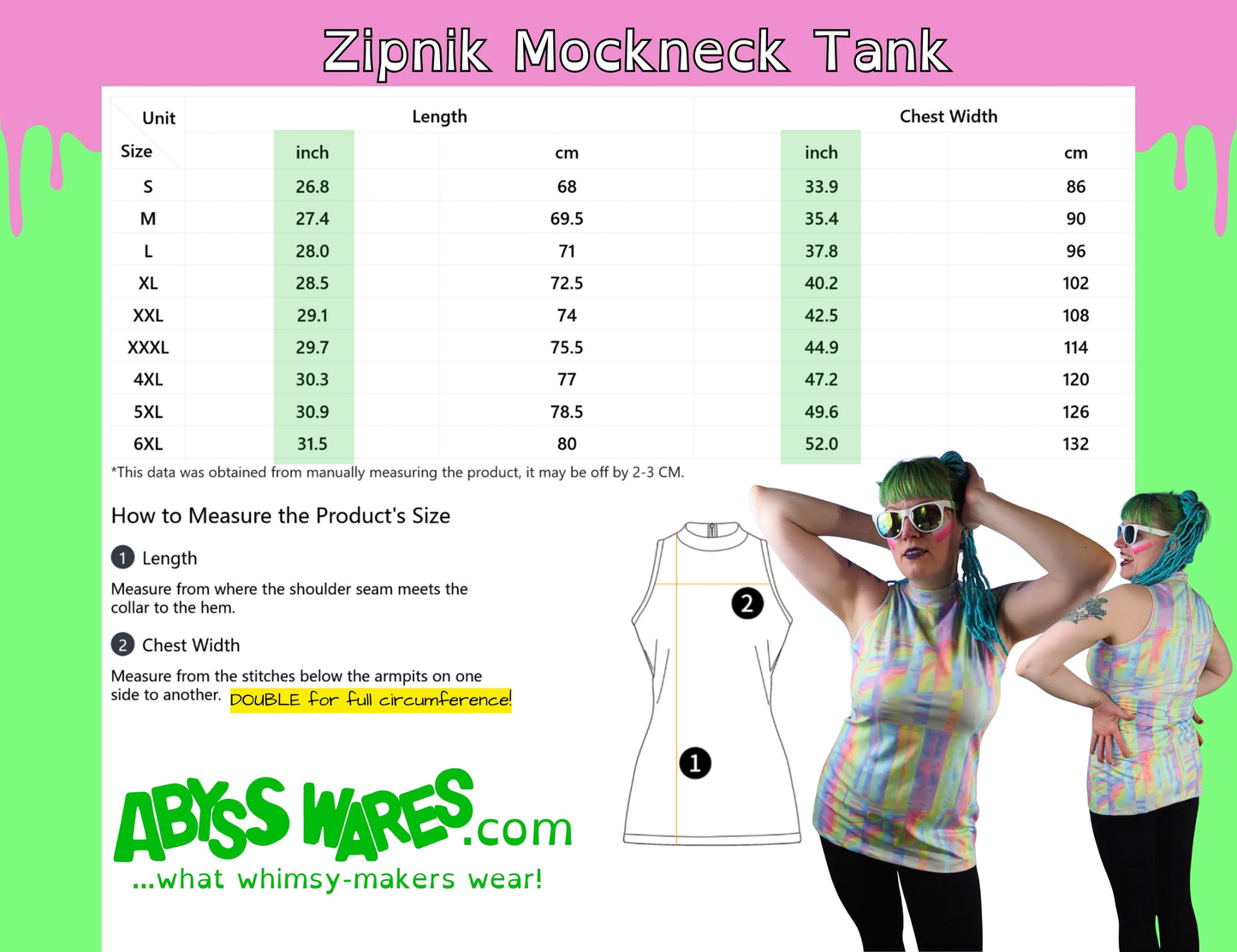 A size guide and mockup for the 'Zipnik Mockneck Tank' by Abyss Wares. The image features a size chart with measurements in inches and centimeters, instructions on how to measure product size, and three models wearing the tank top in various colorful rainbow patterns against a pink and green background.