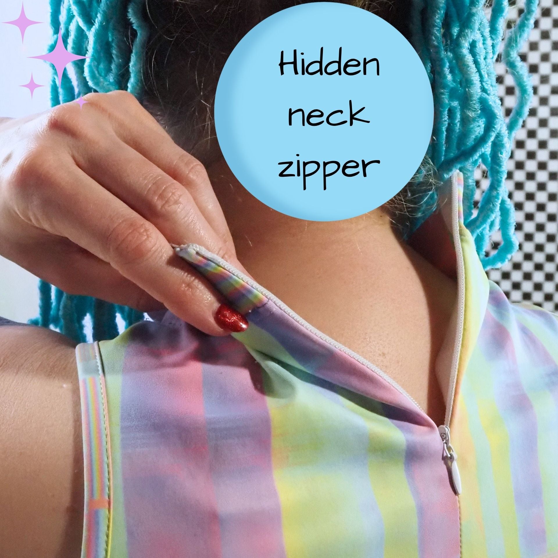 Close-up of a person wearing a pastel rainbow striped top and pulling a zipper at the back of the neck, with a blue circle overlay reading 'Hidden neck zipper'.