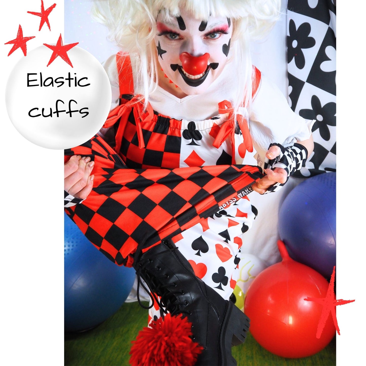 Person in clown costume with checkered outfit and balloons, emphasizing 'Elastic cuffs' feature.