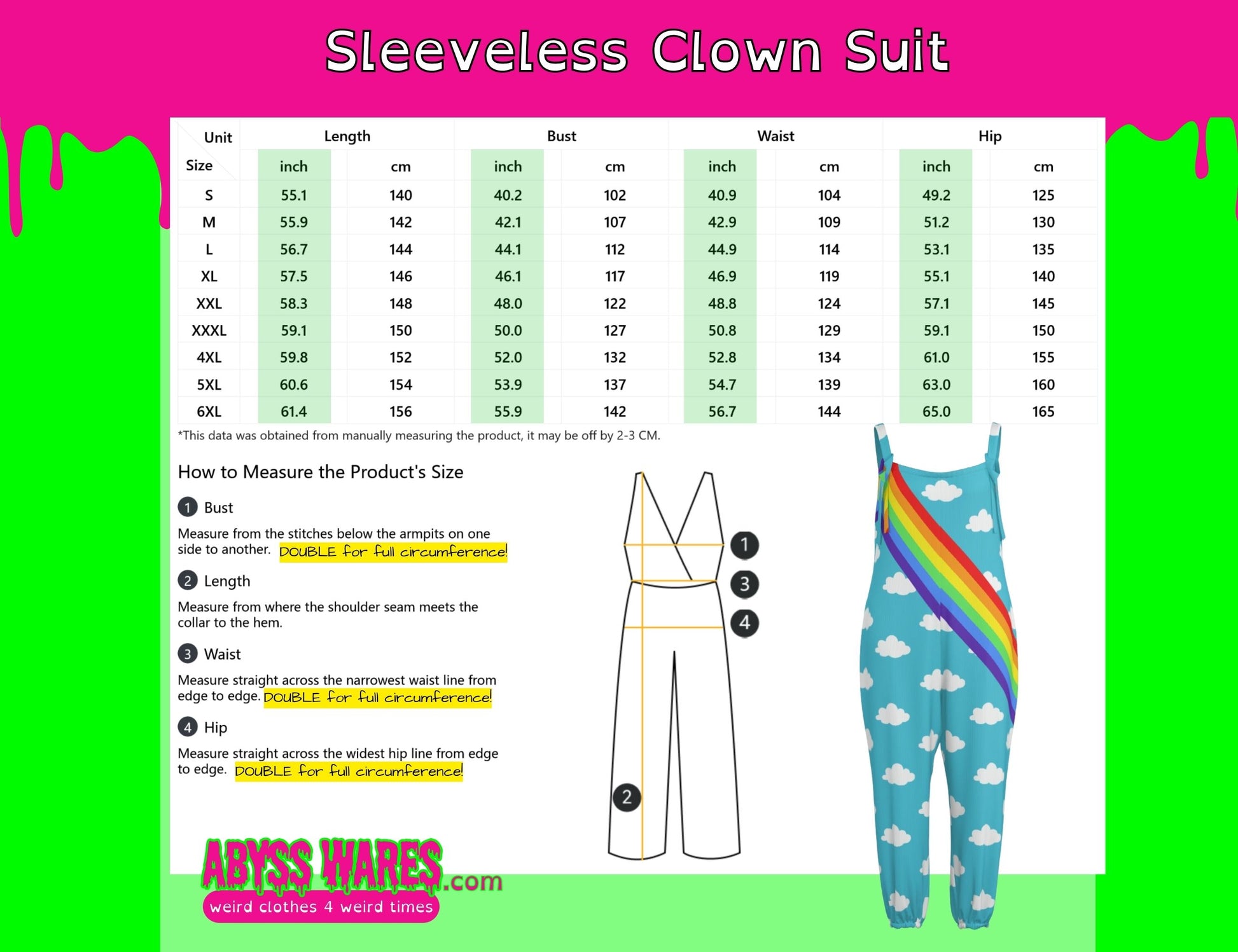 Measurement chart for a sleeveless clown suit with a colorful background and clown suit illustration.