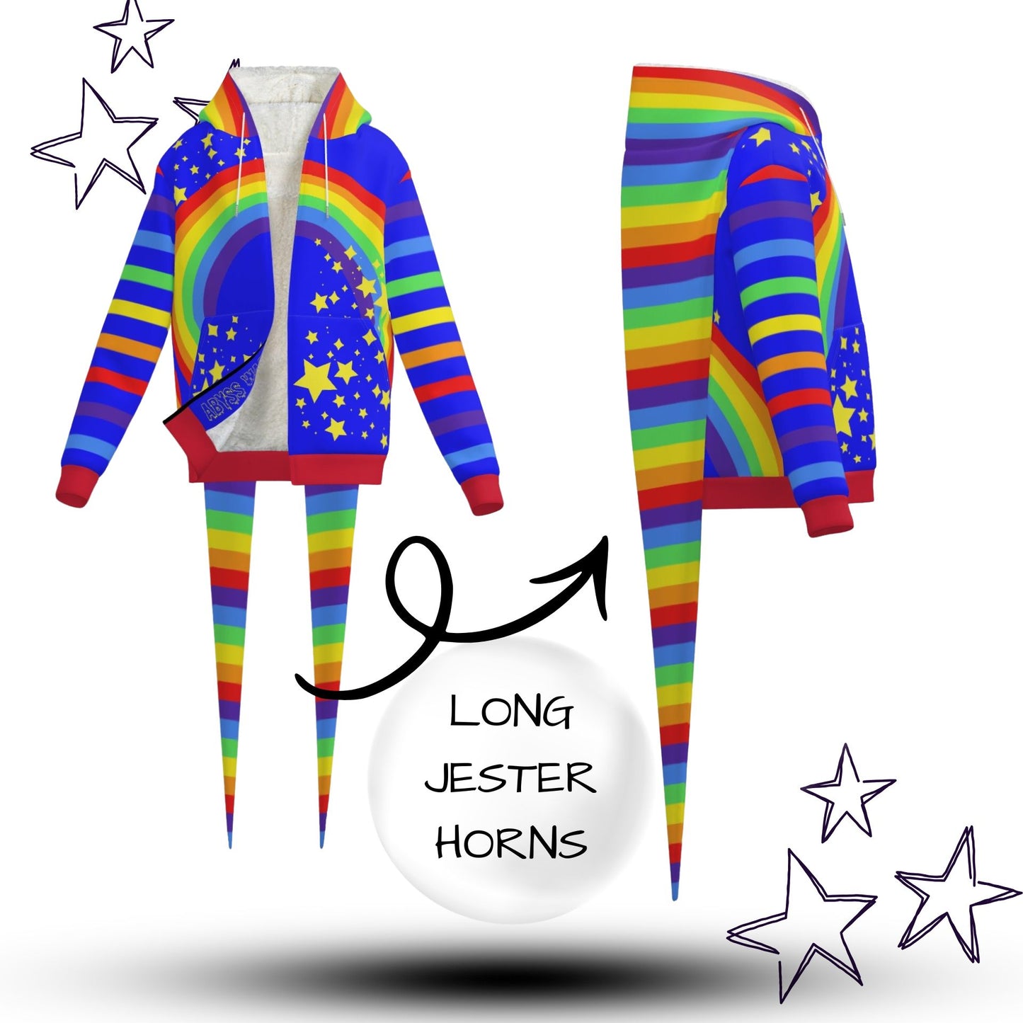 Fangtail Plush Rainbow Sparkle Clown Jester Hoodie Coat