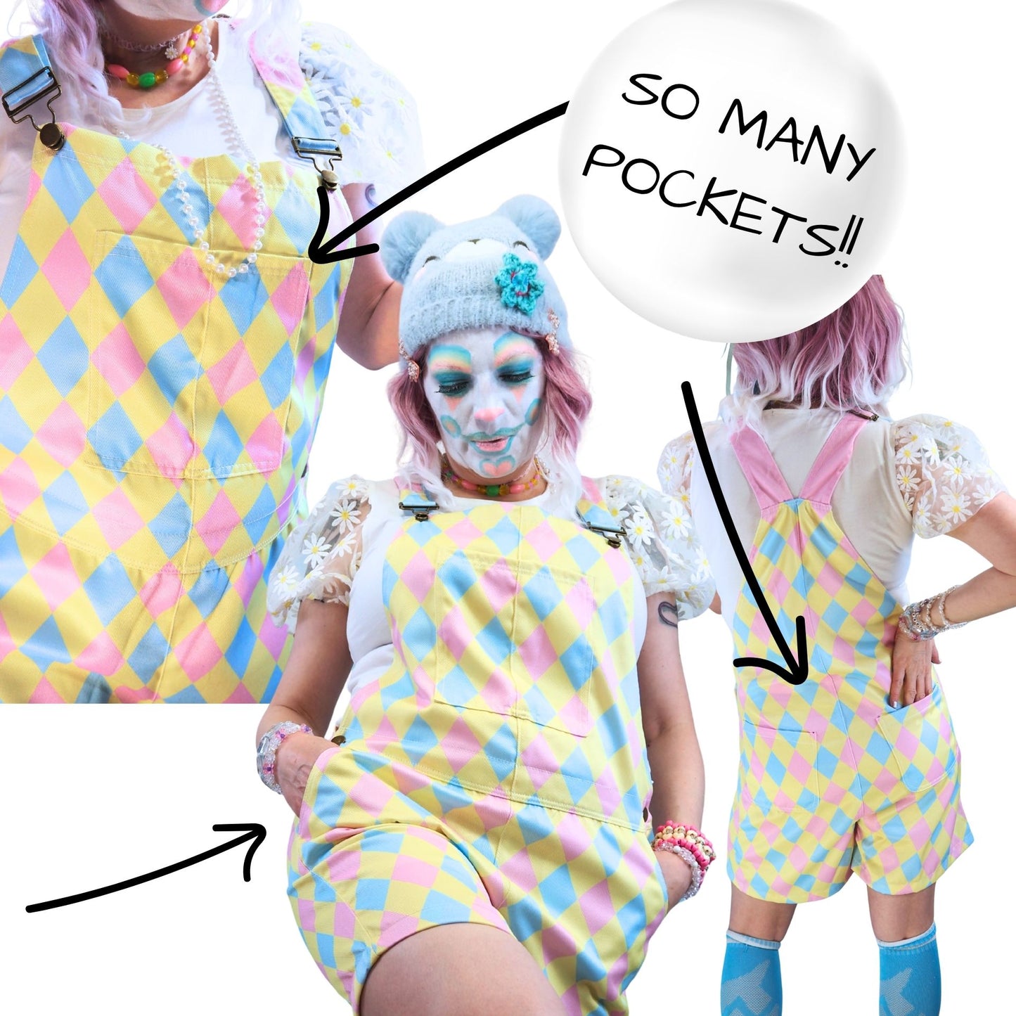 Person wearing a colorful checkered outfit with text 'So Many Pockets!!' and arrows pointing to the design.