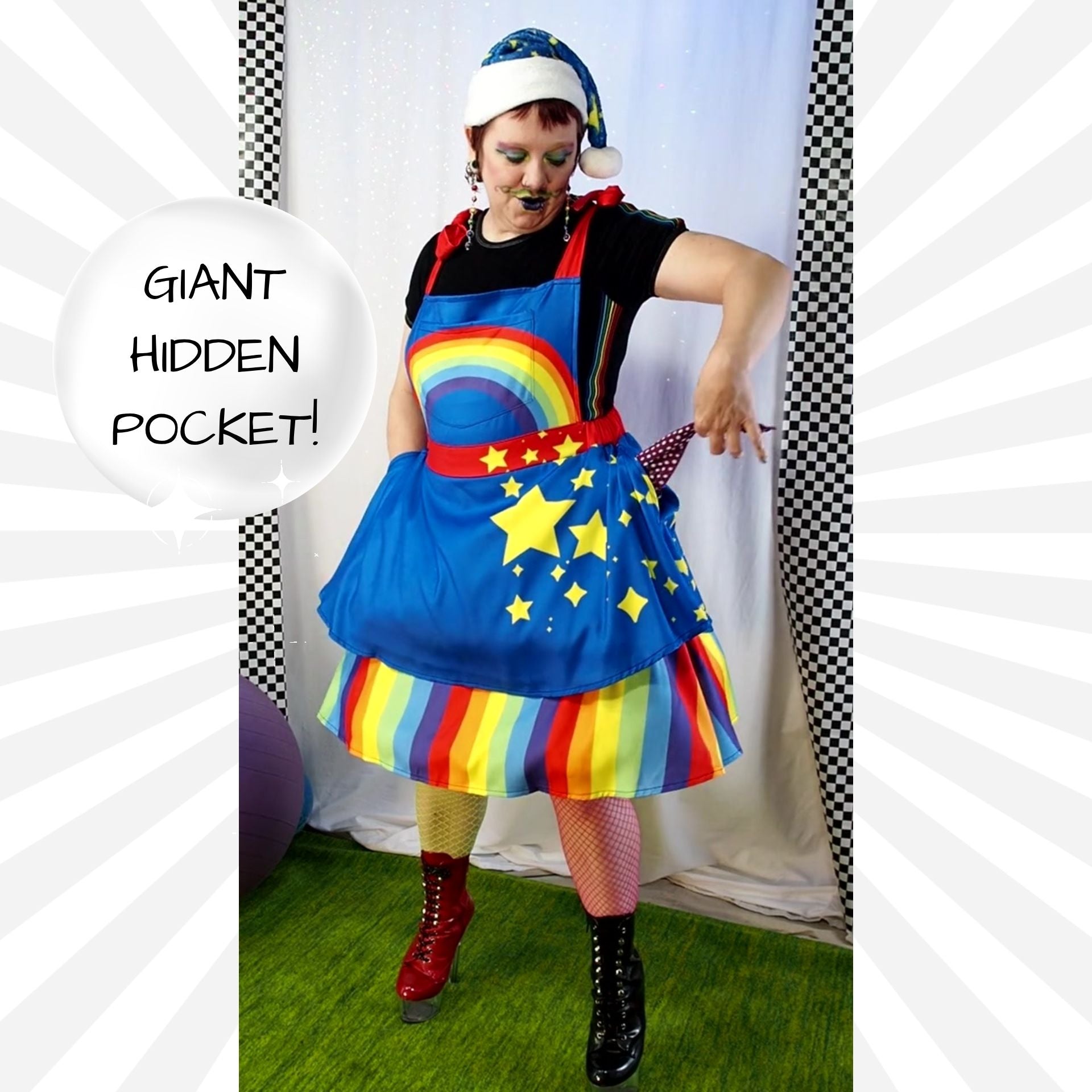 Person wearing a colorful costume with a giant hidden pocket, standing against a checkered curtain.