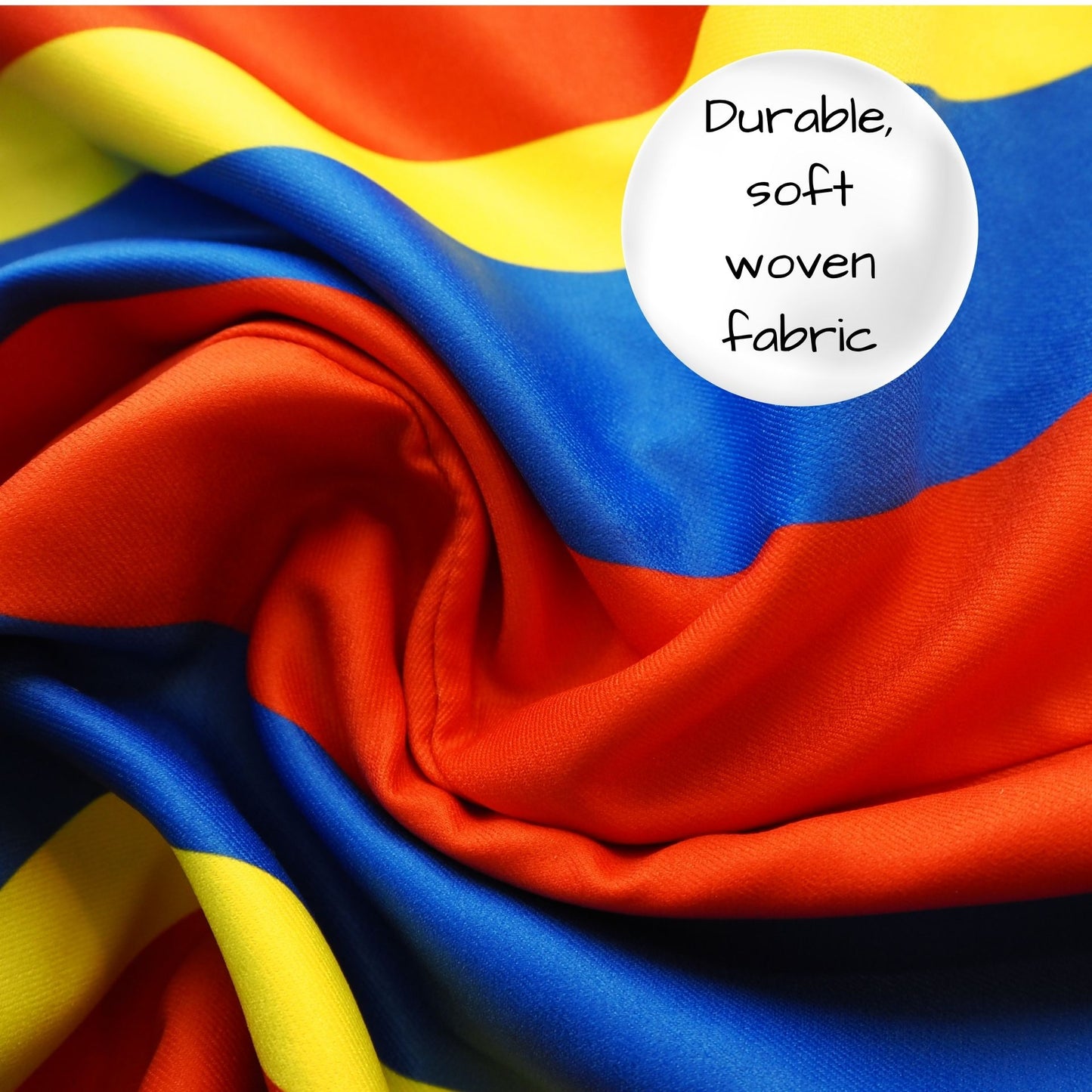 Colorful fabric with red, yellow, and blue stripes, labeled 'Durable, soft woven fabric'.