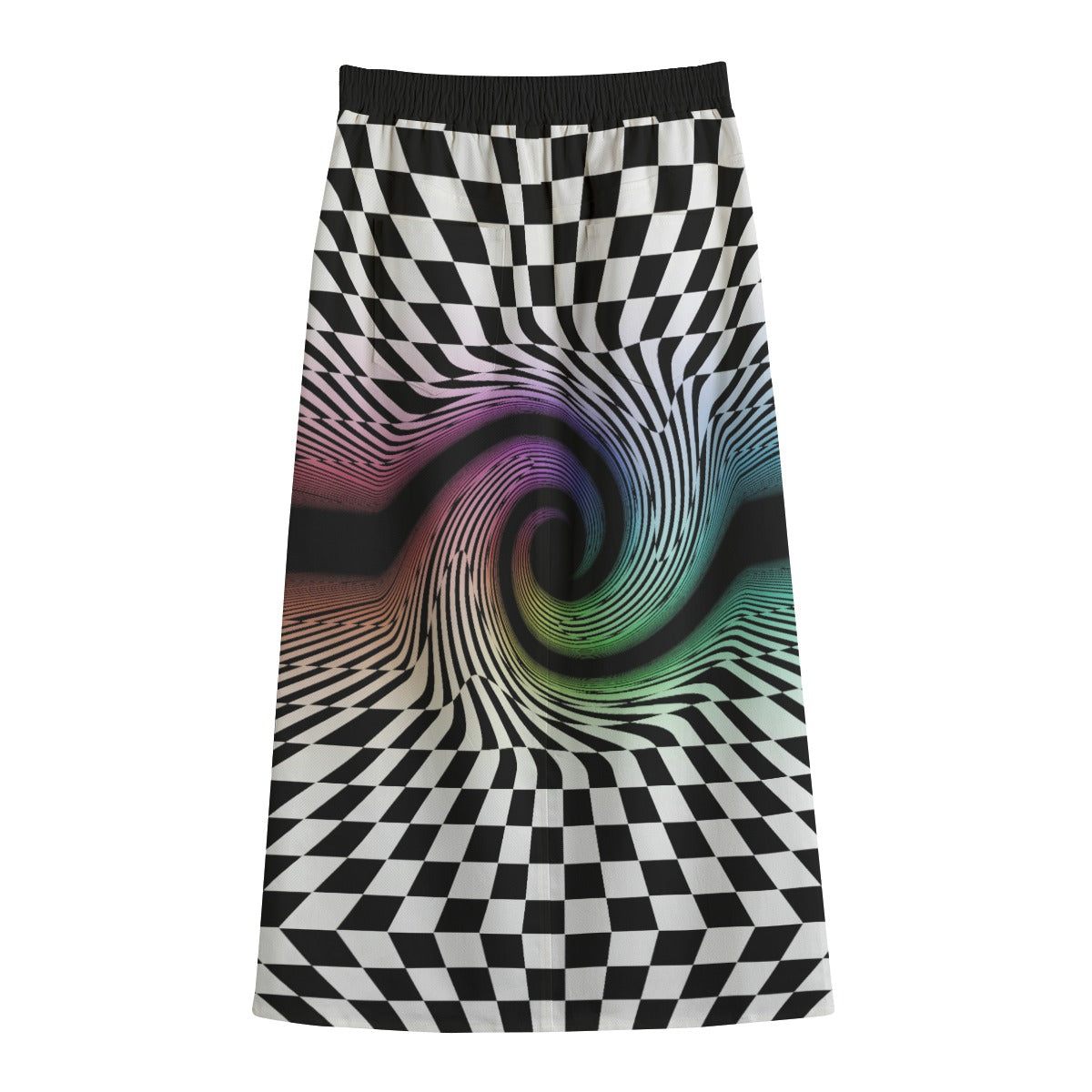 Skirt with a black and white checkered pattern and a colorful swirl design on a white background