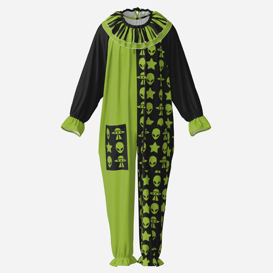 Circus Coveralls Alien Star Ship Green Black clown suit, ghost mannequin front view
