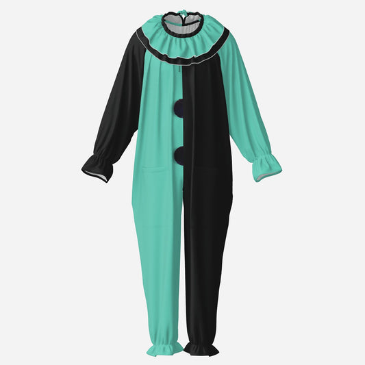 Circus Coveralls Artful Aqua Teal Black Pierrot clown suit, ghost mannequin front view