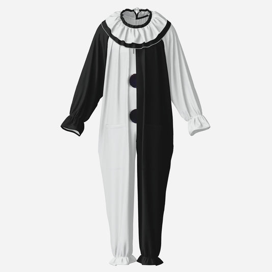 Circus Coveralls Artful Black White Pierrot clown suit, ghost mannequin front view