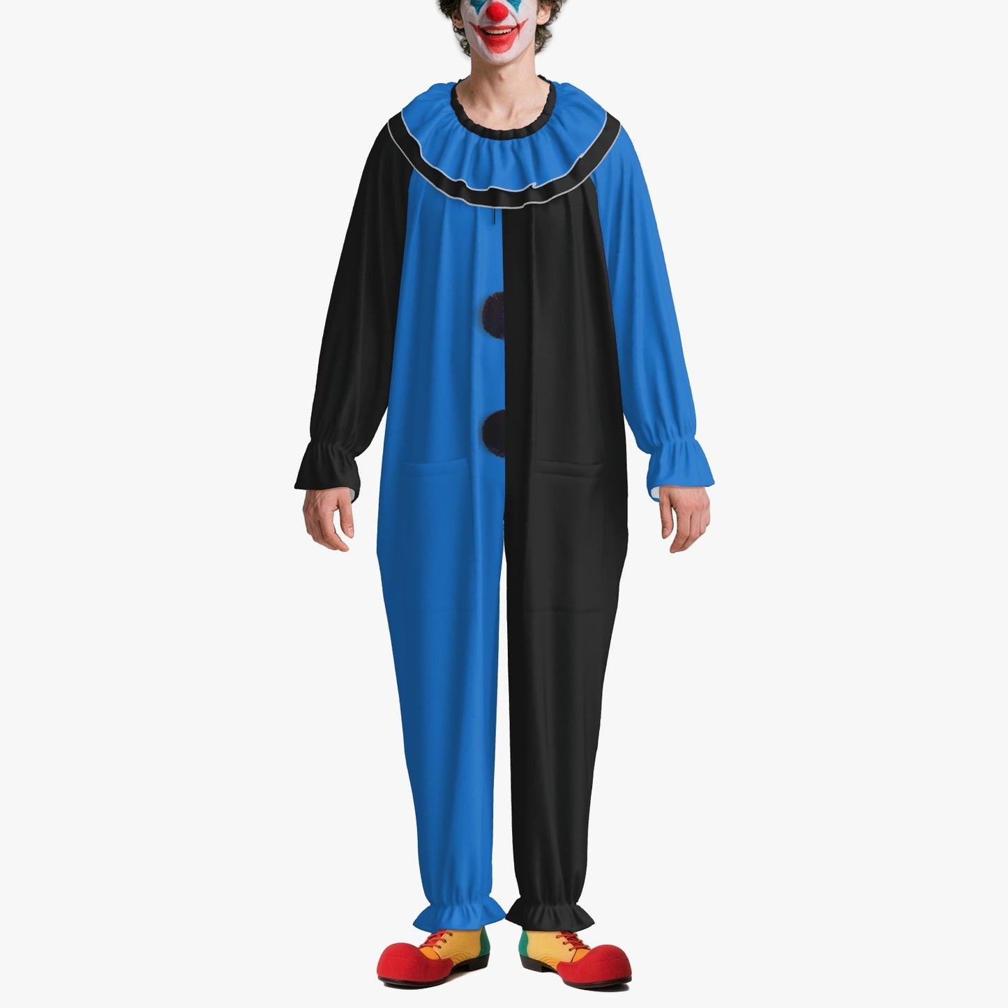 Circus Coveralls Artful Blue Black Pierrot clown suit, on-model front view
