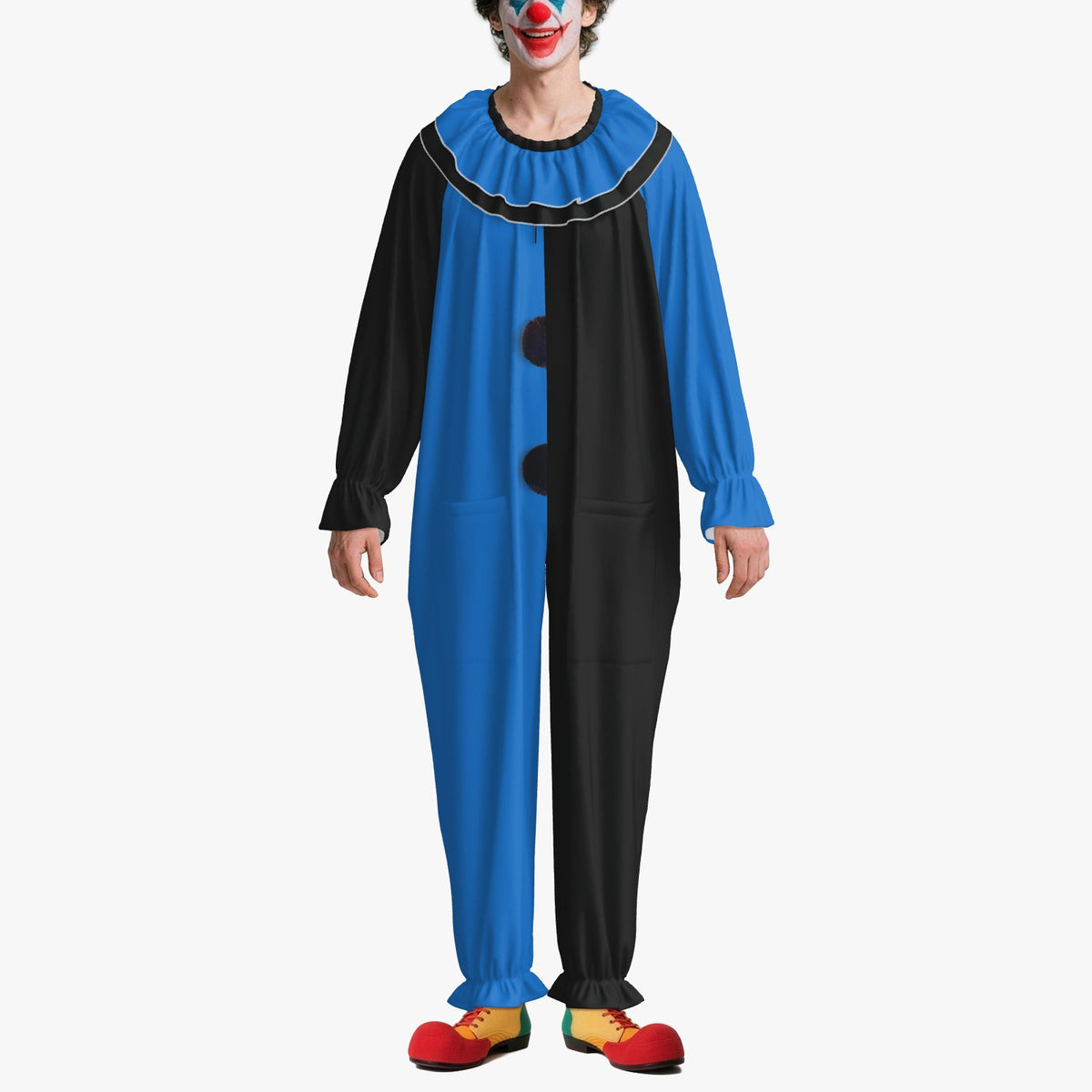 Circus Coveralls Artful Blue Black Pierrot clown suit, on-model front view