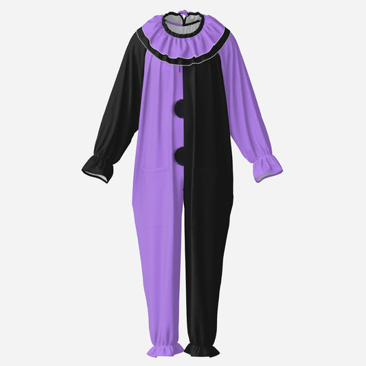 Circus Coveralls Artful Lavender Black Pierrot clown suit, ghost mannequin front view