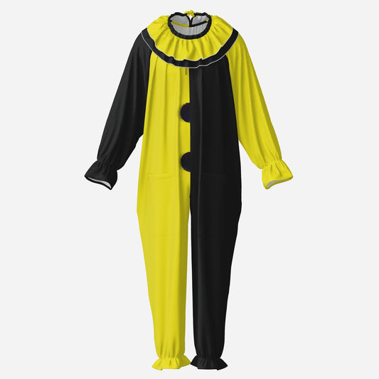 Circus Coveralls Artful Yellow Black Pierrot clown suit, ghost mannequin front view